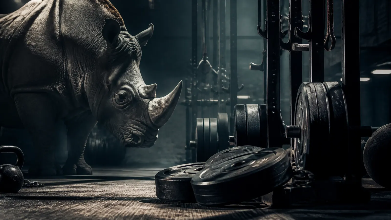 Rhino standing beside weight racks in a dark training gym
